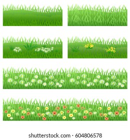 Set of garden flowers in grass. Flowers, green leaves, grass compositions, can be used as elements for scenes and landscape backgrounds creating. Vector illustration, isolated on white background