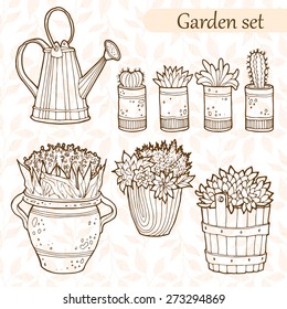 Set of garden flowers in a pots. Hand drawn vector illustration.