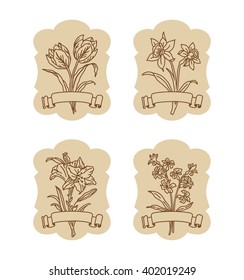 The set of garden flowers and tapes. Garden flowers - tulip, narcissus, lily, hyacinth with banners. Variety of elements for the design of price tags, labels for flowers shop. Vector 10 EPS.