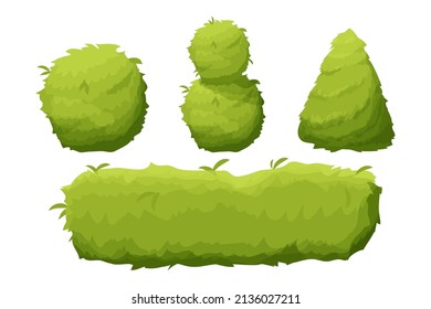 Set Garden, forest bush stylized in cartoon style isolated on white background. Decoration, design element, ui game asset.