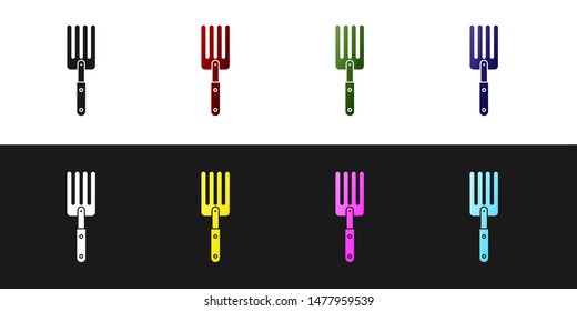 Set Garden fork icon isolated on black and white background. Pitchfork icon. Tool for horticulture, agriculture, farming.  Vector Illustration