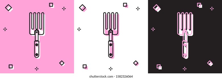 Set Garden fork icon isolated on pink and white, black background. Pitchfork icon. Tool for horticulture, agriculture, farming.  Vector Illustration