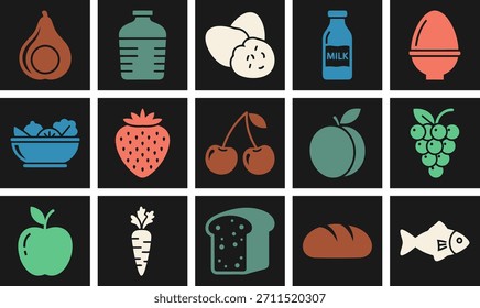 Conjunto de iconos de frutas de jardín con manzana fresa limón cereza melocotón pera y uva