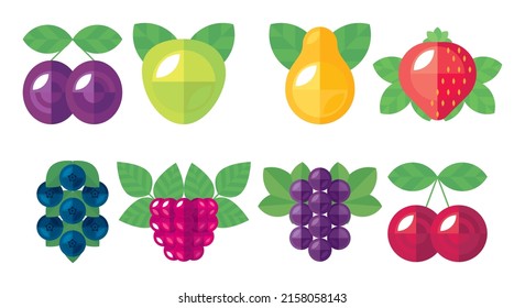 Conjunto de íconos de frutas del jardín aislados. Manzana, pera, cereza, ciruela, frambuesa, fresa, arándano, grosella negra. Ilistración plana vectorial, símbolo, signo, logotipo, objeto