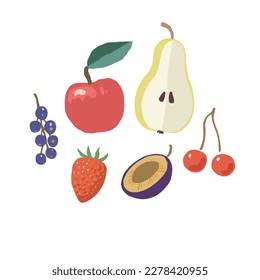 Set of garden fruits, apples, cherries and pears, isolated on white background. Hand drawn vector illustration.
