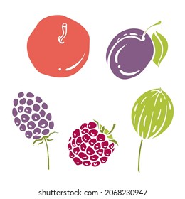 Set of garden fruits and berries. Colorful paper cut collection of fruits and berries isolated on white background. Doodle hand drawn fruits. Vector illustration