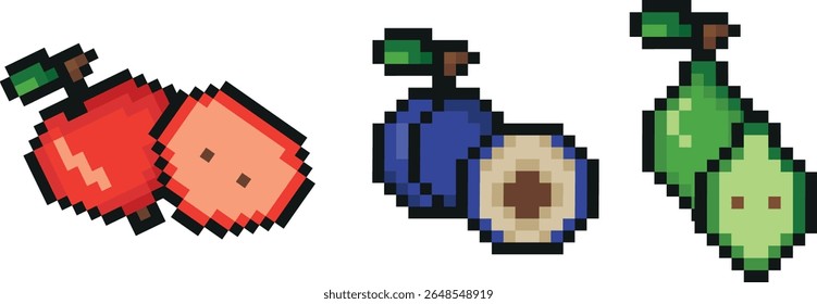 set of garden fruits in pixel art style, namely apple, pear and plum icons, retro 8-bit graphics style with visible square pixels and minimal color palette