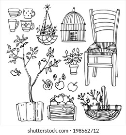 Set Of Garden Furniture Vector Sketch Black Line