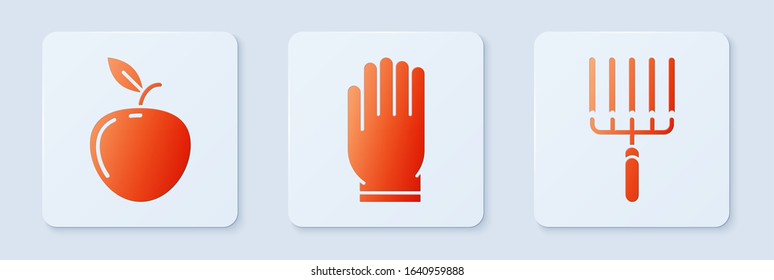 Set Garden gloves, Apple and Garden rake in work. White square button. Vector