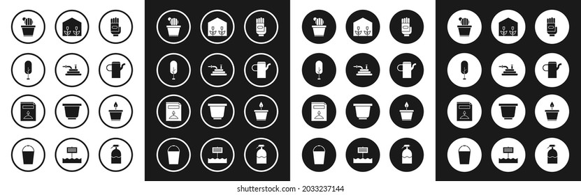 Set Garden gloves, hose or fire hose, Tree, Cactus and succulent in pot, Watering can, Home greenhouse plants, Plant and A pack full of seeds of specific icon. Vector
