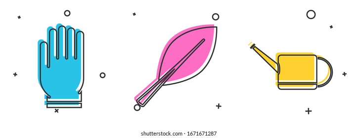 Set Garden Handschuhe, Leaf und Watering kann Symbol. Vektorillustration