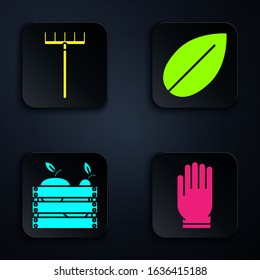Set Garden gloves, Garden rake, Wooden box for fruits and vegetables and Leaf. Black square button. Vector