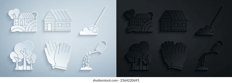 Set Garden gloves, Shovel in the ground, Trees, Watering can with water, Farm house and House concept icon. Vector