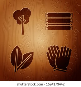 Set Garden gloves, Tree, Leafs and Wooden box on wooden background. Vector