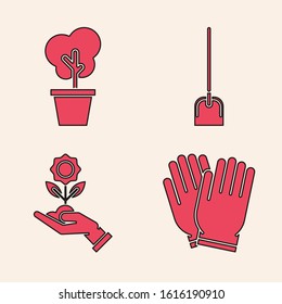 Set Garden gloves, Tree in pot, Shovel and Hand holding flower icon. Vector