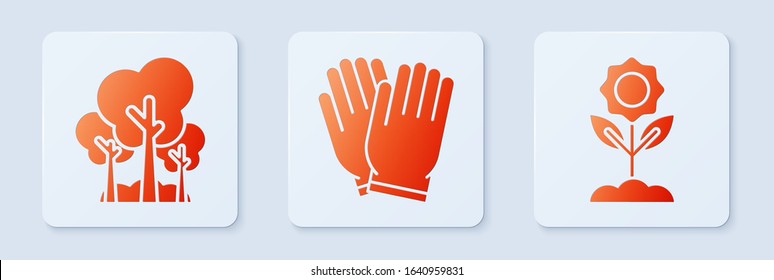 Set Garden gloves, Trees and Flower. White square button. Vector