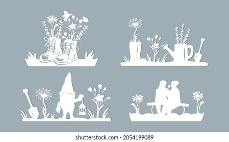set for the garden. a gnome holds a flashlight, rubber boots with flowers, retro boots with lavender and chamomile, an elderly couple sits on a bench, view from the back. laser cut design. vector. eps