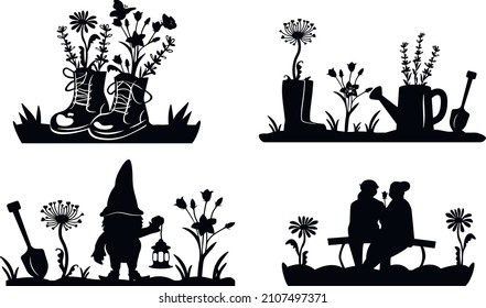 set for the garden. gnome holds flashlight, rubber boots with flowers, retro boots with lavender and chamomile, an elderly couple sits on bench, view from the back. laser cut design. vector. eps