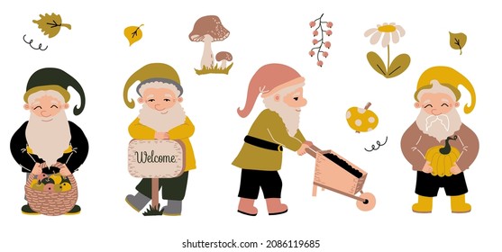 Set of garden gnomes with a basket of apples, a pumpkin and a wheelbarrow with the ground, banner, mushroom, leaves. Collection cute little peoples . Vector illustration.