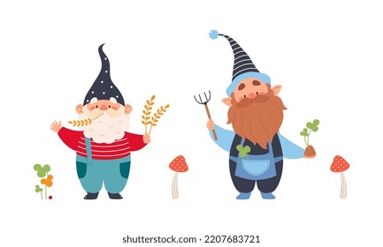 Set of garden gnomes. Cute dwarfs fairy tale characters cartoon vector illustration