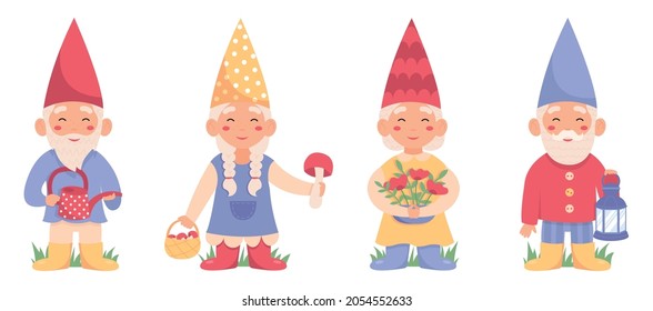 Set of garden gnomes or dwarfs holding watering can, mushrooms, flowers, lantern. Fairy tale fantastic characters on white background.