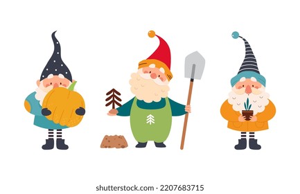 Set of garden gnomes. Dwarfs holding pumpkin and fir tree seedling, cute fairy tale characters cartoon vector illustration