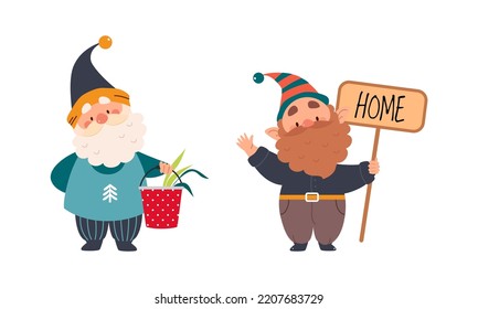 Set of garden gnomes. Dwarfs holding bucket and wooden signboard, cute fairy tale characters cartoon vector illustration cartoon