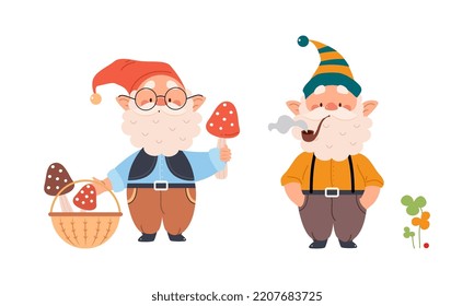 Set of garden gnomes. Dwarfs picking mushrooms and smoking pipe, cute fairy tale characters cartoon vector illustration