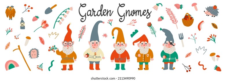 Set of garden gnomes or dwarfs with spring elements. Lettering garden gnomes. Hand draw collection of cute fairytale characters.  Cartoon vector illustration.