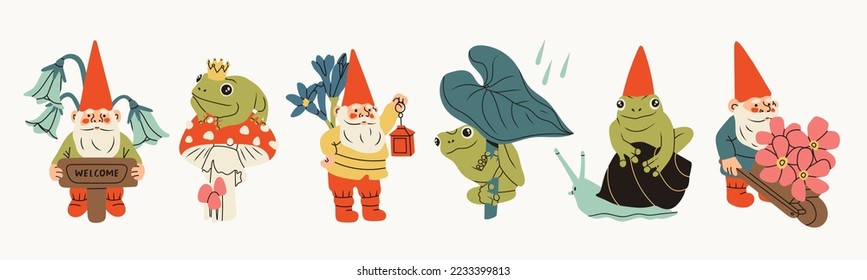 Set of garden gnomes and Frogs. Hand drawn modern Vector isolated illustrations. Poster, card, print, design templates. Cute fairy tale characters. Garden elf, funny frogs. Cartoon style