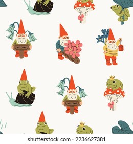 Set of garden gnomes and Frogs. Hand drawn Vector illustration. Cute fairy tale characters. Garden elf, funny frogs. Cartoon style. Square seamless Pattern. Background, wallpaper