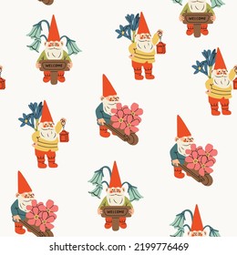 Set of Garden gnomes. Hand drawn modern Vector illustration. Poster, background, wallpaper, design template. Cute fairy tale characters. Garden elves. Cartoon style. Square seamless Pattern