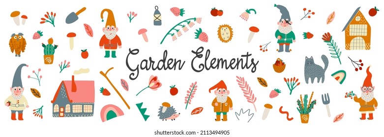 Set of garden gnomes with rainbow, cane, cat, house, mushroom, spring flowers. Lettering garden elements. Hand draw collection of cute fairytale characters. Cartoon vector illustration.