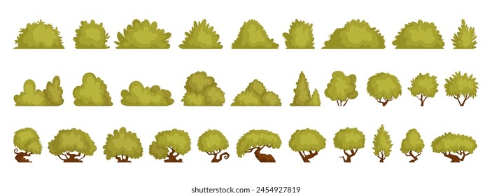 Set of garden green plant isolated on white background. Shrub bush shrubbery tree interesting shape, flat cartoon vector illustration.