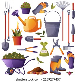 Set garden, grow plant, grower tools, instruments, village, dacha, kitchen-garden, kale yard, farm, gardening, flower. bucket, watering can, shovel, rake, soil, hoe, boots, seed. Vector illustration