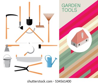 Set of garden hand tools and gardening equipment isolated on white background. Design of catalog booklet of horticulture supplies with colorful diagonal stripes and country house emblem. Vector eps