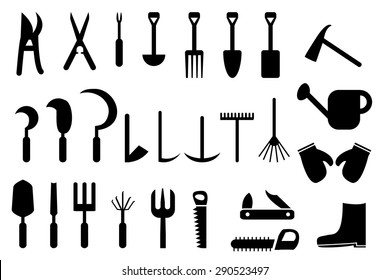 Set of Garden hand tools in silhouette flat icon style for Outdoor gardening and lawn care. Isolated object on white background