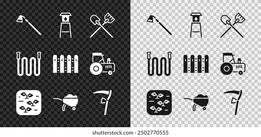 Set Garden hoe, Water tower, Shovel, Plant, Wheelbarrow with dirt, Scythe, hose and fence wooden icon. Vector