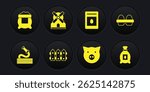Set Garden hose, Chicken egg in box, fence wooden, Pig, Pack full of seeds of plant, Windmill,  and Bag flour icon. Vector
