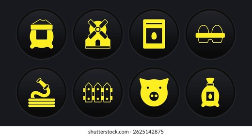 Set Garden hose, Chicken egg in box, fence wooden, Pig, Pack full of seeds of plant, Windmill,  and Bag flour icon. Vector