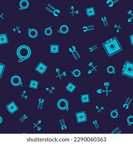 Set Garden hose, Colorado beetle, Gardening scissors and Shovel and rake on seamless pattern. Vector