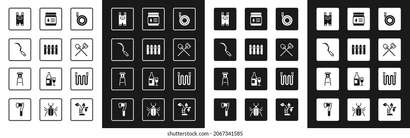 Set Garden hose, fence wooden, Sickle, worker clothes, Shovel, Pack full of seeds of plant,  and Water tower icon. Vector