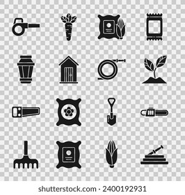 Set Garden hose or fire hose, Chainsaw, Plant, Corn the sack, Farm house, light lamp, Leaf garden blower and  icon. Vector