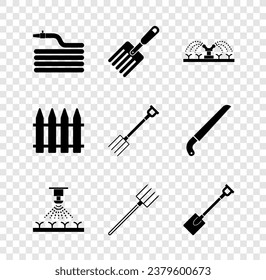 Set Garden hose or fire hose, fork, Automatic irrigation sprinklers, pitchfork, shovel, fence and  icon. Vector