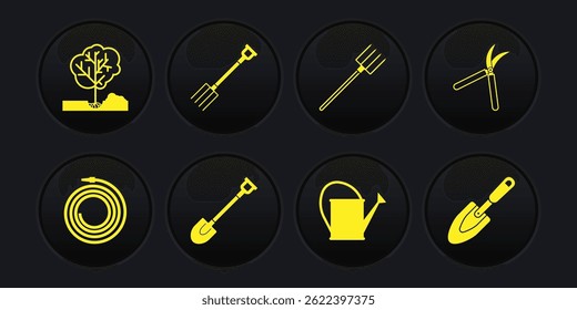 Set Garden hose or fire hose, Gardening handmade scissor, shovel, Watering can, pitchfork, trowel spade and Planting tree the ground icon. Vector
