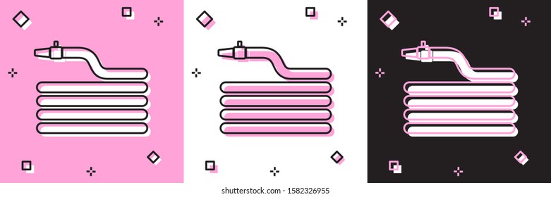 Set Garden hose or fire hose icon isolated on pink and white, black background. Spray gun icon. Watering equipment.  Vector Illustration