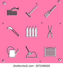 Set Garden hose or fire hose, rake, Gardening handmade scissor, saw, fence, Watering can and Shovel the ground icon. Vector
