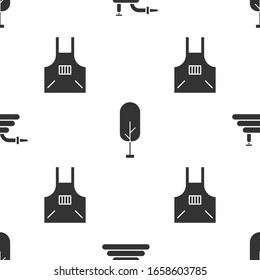 Set Garden hose or fire hose, Tree and Kitchen apron on seamless pattern. Vector