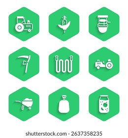 Set Garden hose, Full sack, Jam jar, Tractor, Wheelbarrow with dirt, Scythe, Well bucket and  icon. Vector