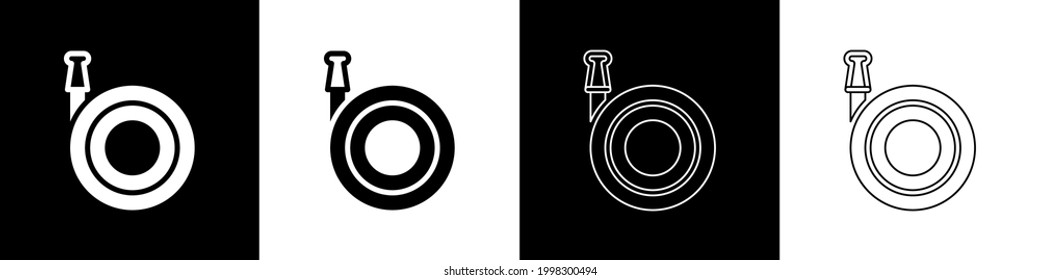 Set Garden hose icon isolated on black and white background. Spray gun icon. Watering equipment.  Vector